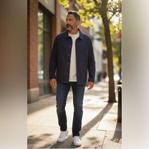 Far Afield Men's Navy Blue Station Jacket - large EUC $200 retail